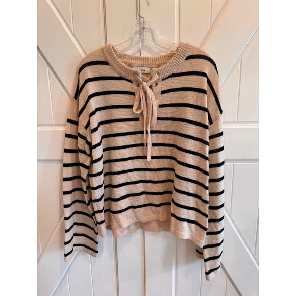 Sadie & Sage Cream Black Stripe Lace up Pullover Sweater Womens Size Large - Picture 1 of 8